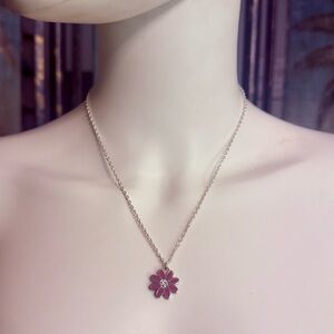Coach Pink Enamel Crystal Flower Pendant .925 Sterling Silver Necklace